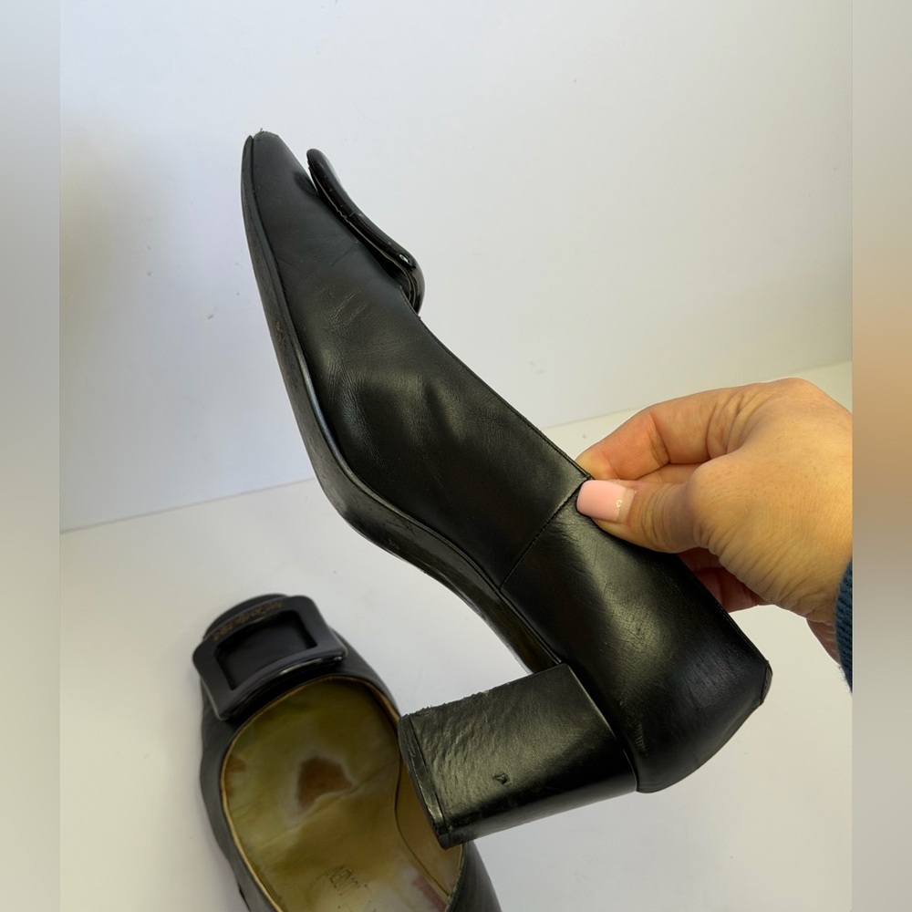 Yves Saint Laurent Black Leather Square-bow Block Heel Pumps Size 37 - Picture 9 of 11